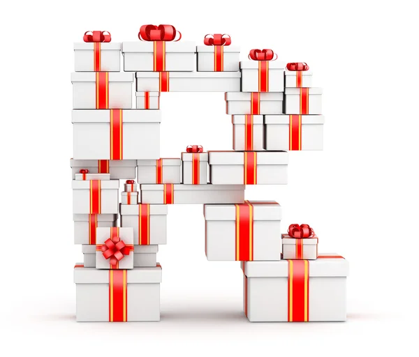 Buchstabe r aus Geschenkboxen mit roten Bändern verziert — Stockfoto