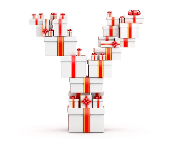 Letter Y from boxes of gifts decorated with red ribbons — Stock Photo, Image