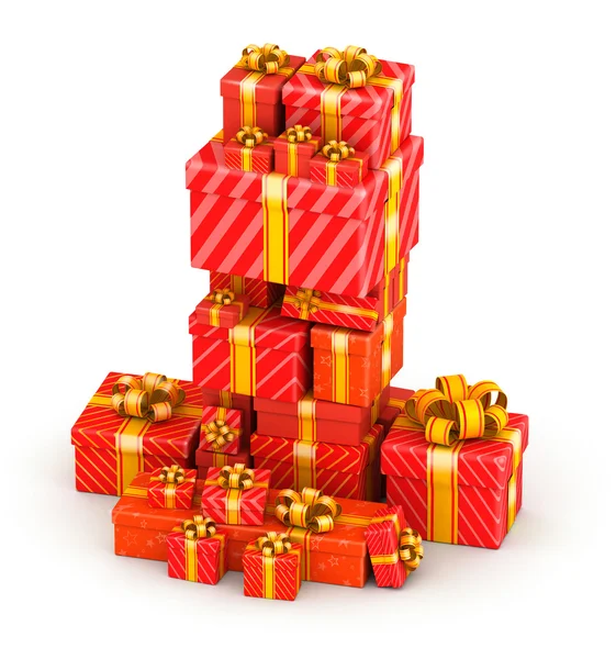 Pilha de caixa de presente vermelho com fitas amarelas — Fotografia de Stock