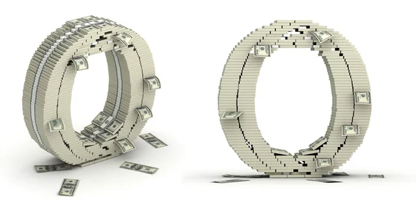 Letter O, alphabet from dollars paks — Stock Photo, Image