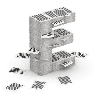 e harfi, sayfaları kağıt yığınları font 3d isometry