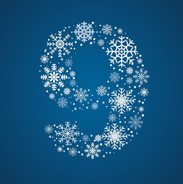 Number 9 vector font frosty snowflakes
