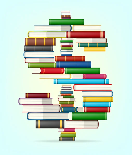 Dollarteken van stapels van multi gekleurde boeken — Stockvector
