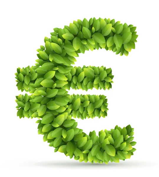Segno di Euro, alfabeto vettoriale di foglie verdi — Vettoriale Stock