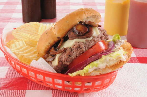 Closeup of a mushroom swiss burger — Stock Photo, Image