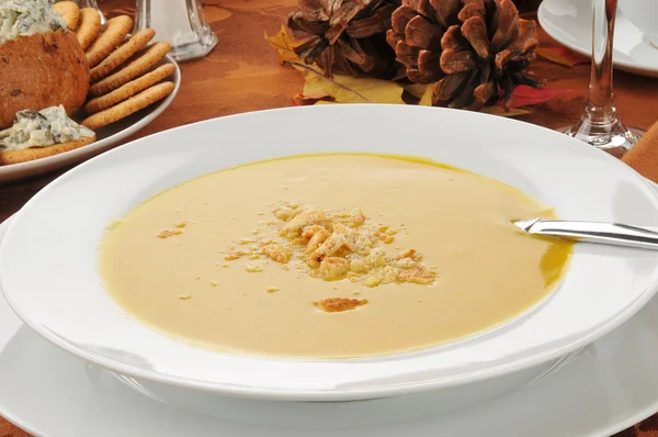Суп из сквоша с орехом крупным планом — стоковое фото
