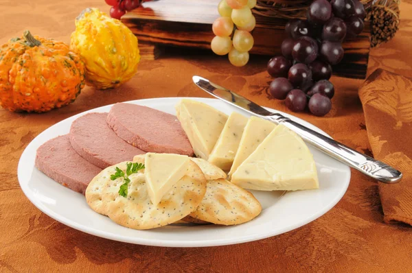 Braunschweiger, cheese and crackers — Stock Photo, Image