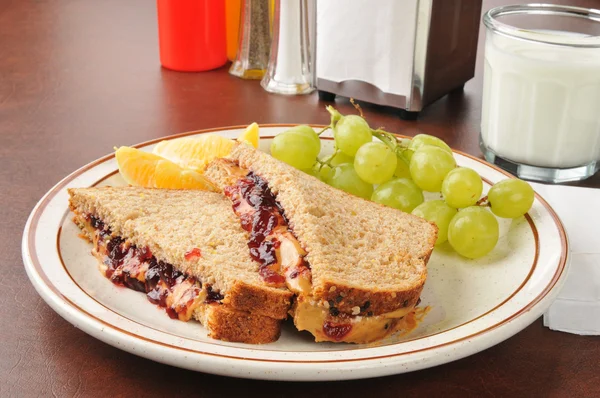 Peanut butter and jelly sandwich with milk — Stock Photo, Image