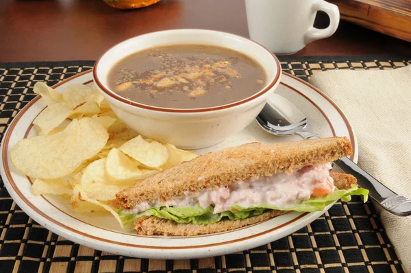 Ham salad sandwich with onion soup