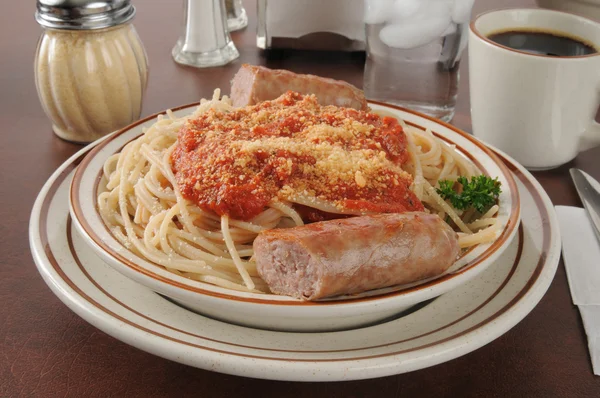 Spaghetti and sausage — Stock Photo, Image