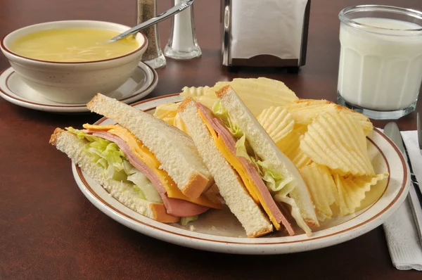 Bologna sandwich with chicken noodle soup — Stock Photo, Image