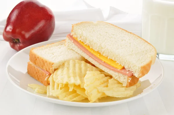 Bologna sandwich with an apple and milk — Stock Photo, Image