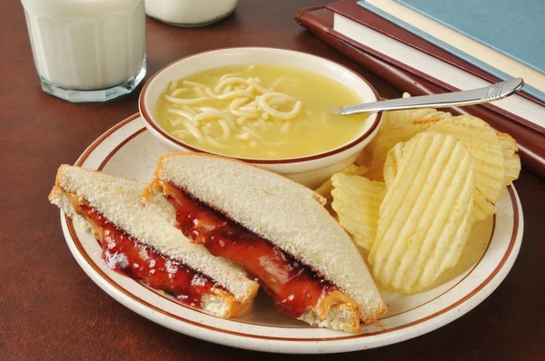 Peanut butter sandwich with soup — Stock Photo, Image