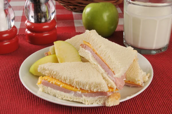 Ham and cheese sandwich with milk — Stock Photo, Image