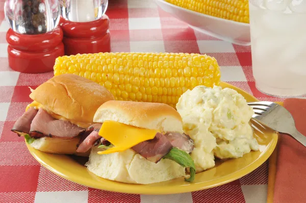 Stekt nötkött reglagen på ett picknickbord — Stockfoto