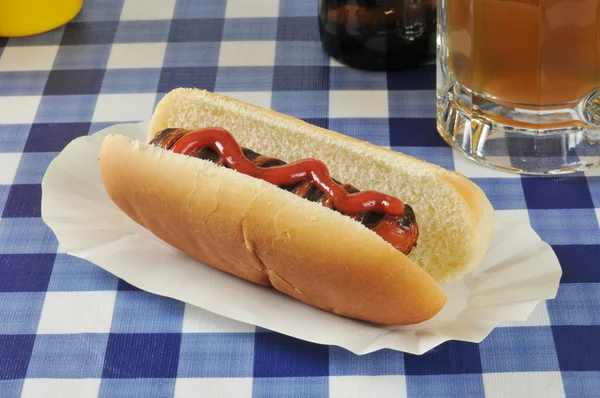 Gegrilde hotdog met bier — Stockfoto