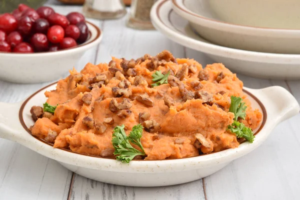 Close Bowl Sweet Potatoes Glazed Pecans Holiday Table — Stock Photo, Image