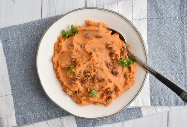 Overhead View Bowl Fresh Hot Sweet Potatoes — Stock Photo, Image