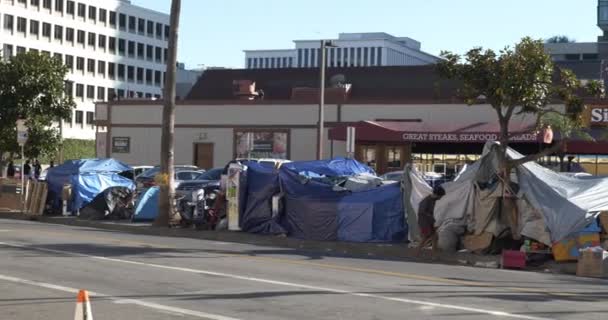 Los Angeles Usa November 2021 Pan Geschoten Een Daklozenkamp Rond — Stockvideo