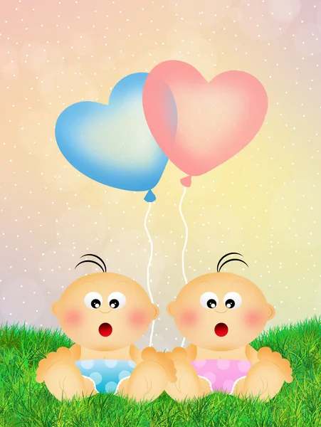Babies with heart balloons — Stock Photo, Image