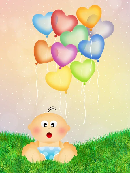 Baby mit Herzballons — Stockfoto