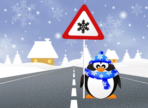 Pingvin med snö tecken — Stockfoto
