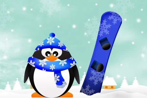 Pinguin mit Snowboard — Stockfoto