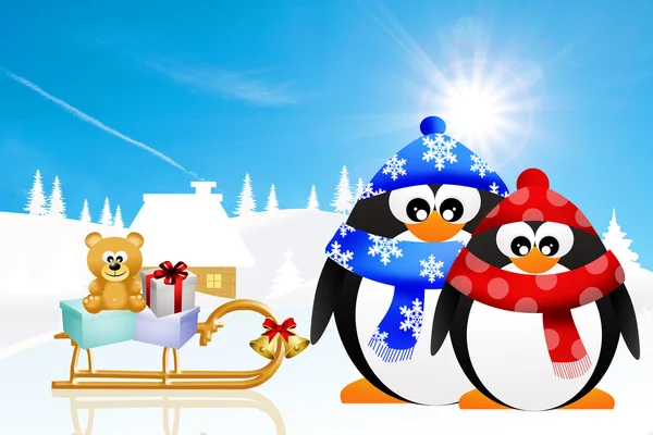 Penguins with Christmas gifts — Stock Photo, Image