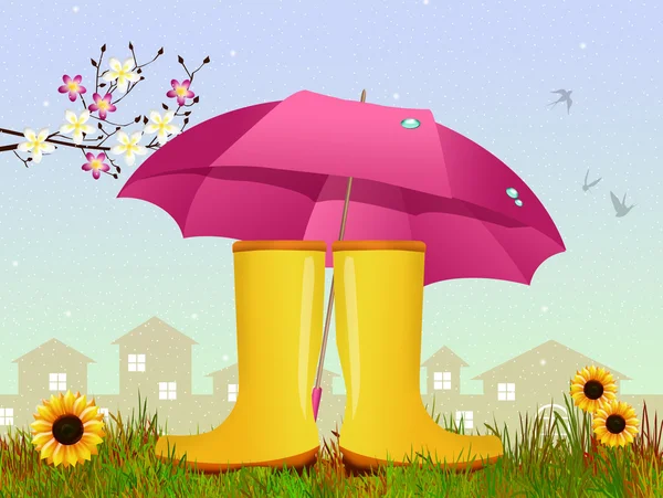 Rain boots and umbrella — Stock Photo, Image