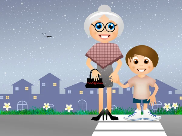 Boy with old lady in the crosswalk — Stock Photo, Image