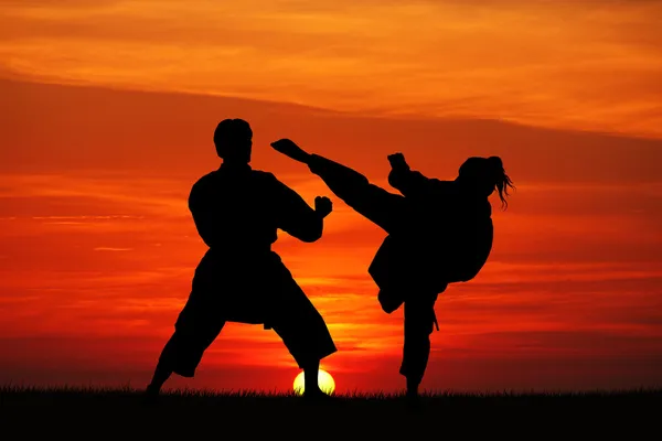 Karate bij zonsondergang — Stockfoto