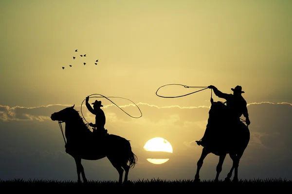 Cowboy com laço ao pôr do sol — Fotografia de Stock