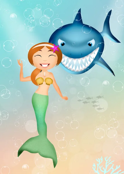 Siren and shark — Stock Photo, Image