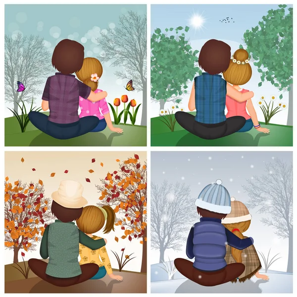 Couple Looking Landscape Four Seasons — Stock Photo, Image
