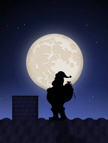 Силуэт Санта Клауса Крыше Лунном Свете — стоковое фото
