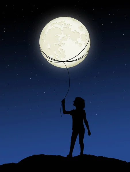 Klein Meisje Houdt Maan Vast Als Een Ballon — Stockfoto