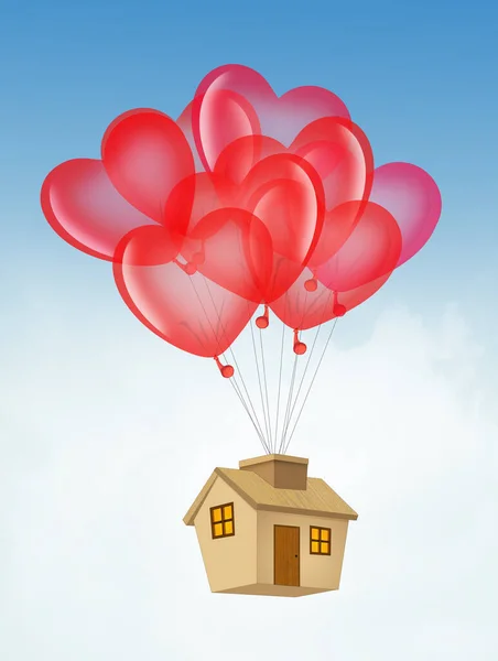带着心形气球的家 — 图库照片