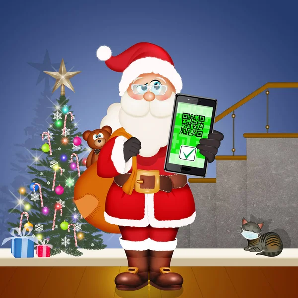 Noel Baba Nın Cep Telefonunda Yeşil Geçiş Kartı Var — Stok fotoğraf