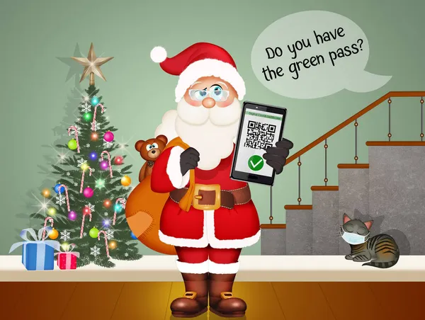 サンタクロースは携帯電話の緑のパスを持っています — ストック写真