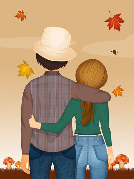 Couple Hugging Each Other Looks Landscape Autumn Stock Image