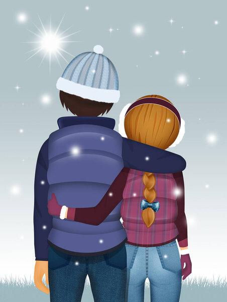 Couple Hugging Each Other Looks Landscape Winter Stock Image