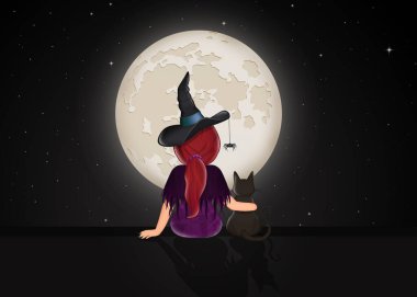 Kara kediyle çatıda oturan cadı.