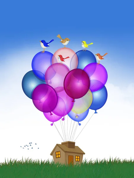 Little Birds Home Colorful Balloons — Stock Photo, Image