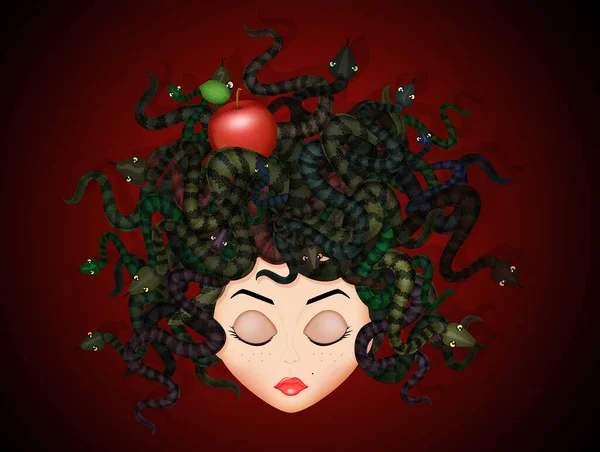 Κόκκινο Μήλο Στο Κεφάλι Της Μυθολογίας Μέδουσα — Φωτογραφία Αρχείου