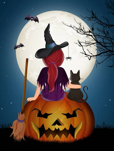 Cadı balkabağının üstünde oturuyor