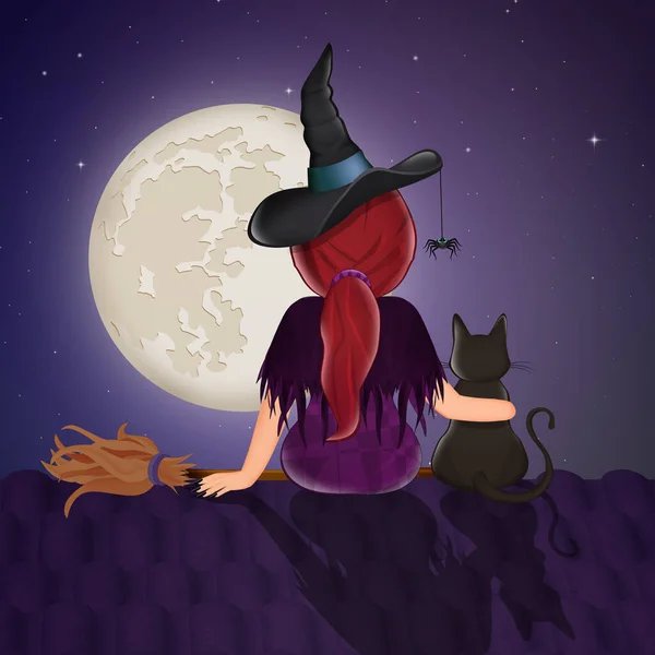 Illustration Witch Sitting Roof — Stok fotoğraf