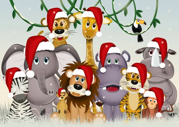 Illustration Savannah Animals Christmas — Stok Foto