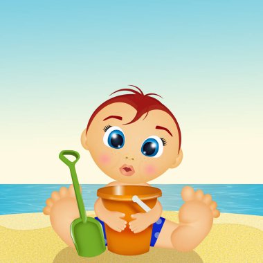 Denizde kova ve kürekle oynayan çocuğun resmi
