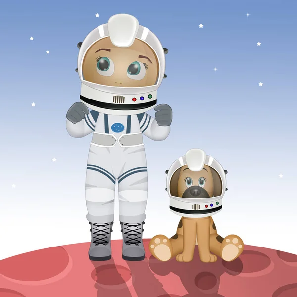 Ilustração Bebê Astronauta Com Filhote Cachorro — Fotografia de Stock