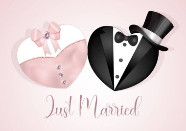 Gelin ve damat için süslü kalpleri olan kartpostal.